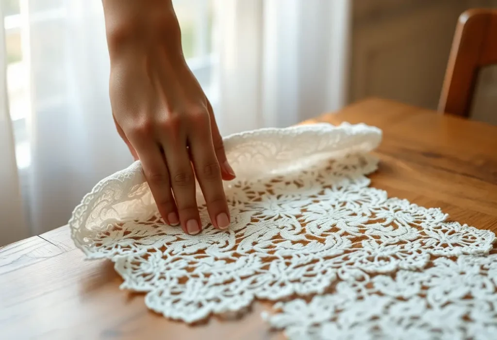 Une main féminine caresse délicatement un morceau de dentelle