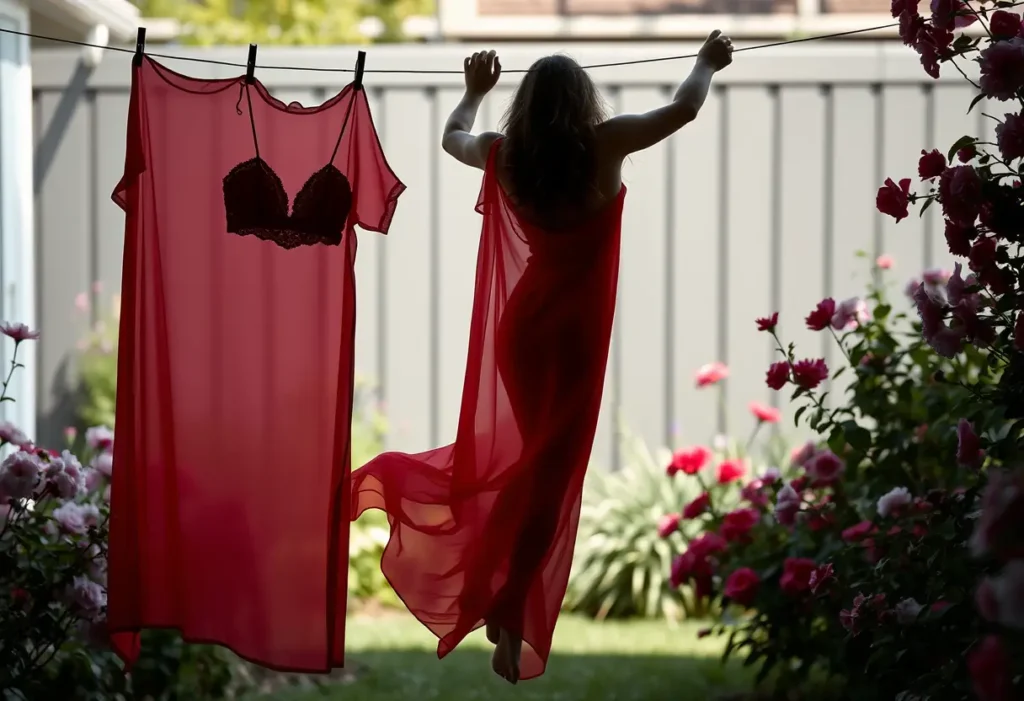 Un silhouette féminine accroche un négligé en soie rouge transparent sur une corde à linge dans un jardin fleuri