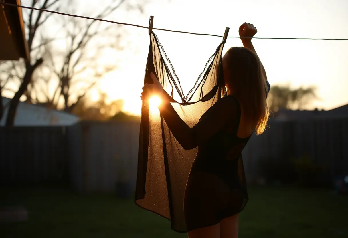 Un profil féminin accroche un négligé noir transparent sur une corde à linge dans son jardin, éclairé par le soleil couchant