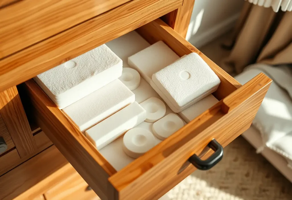Un tiroir de commode partiellement ouvert montrant des coussinets et inserts adhésifs pour soutien-gorge