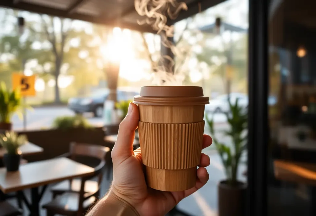Une main tenant une tasse de café en bambou réutilisable, devant un café accueillant, au petit matin