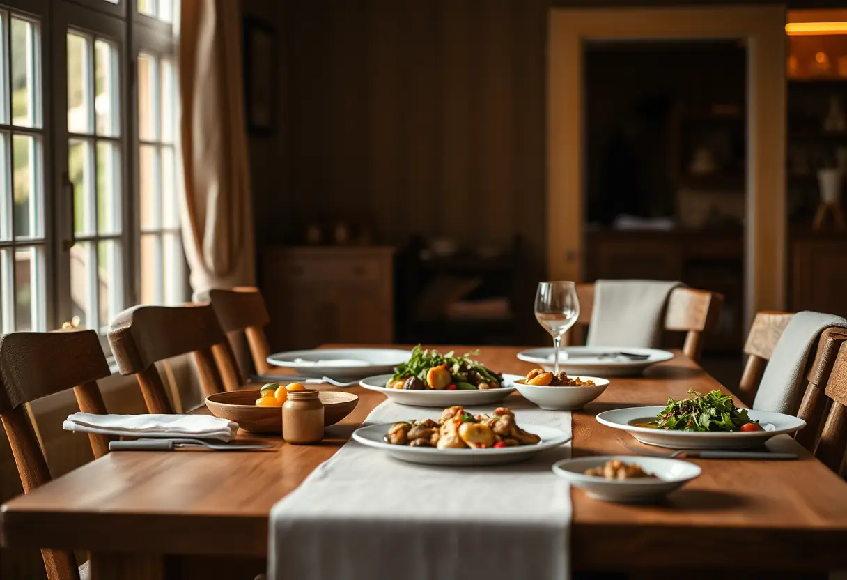 Un grand plan d'une table en bois chargée de produits locaux, éclairée par une lumière tamisée, symbolisant un repas préparé avec soin