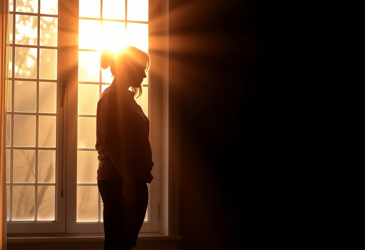 Un profil d'une femme près d'une fenêtre, la lumière chaude du soleil éclairant sa maison, illustrant l'acceptation de soi