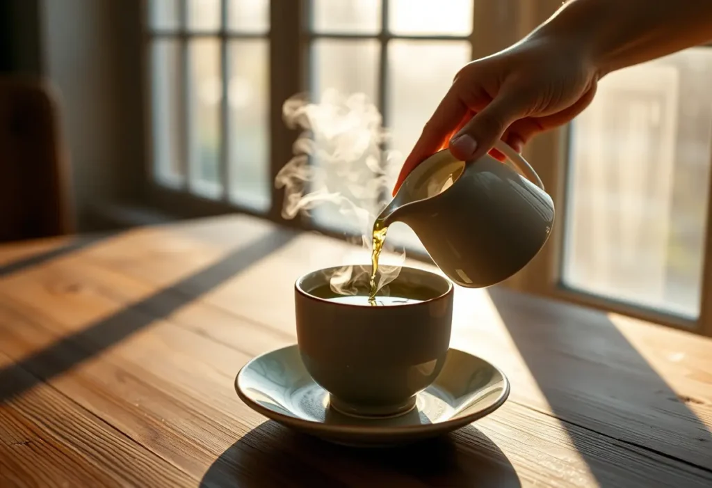 Main: une main verse du thé vert dans une tasse en porcelaine sur une table en bois
