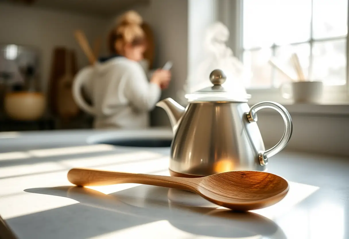Main: une cuillère en bois repose près d'une bouilloire qui fume légèrement sur un comptoir de cuisine baigné de lumière matinale