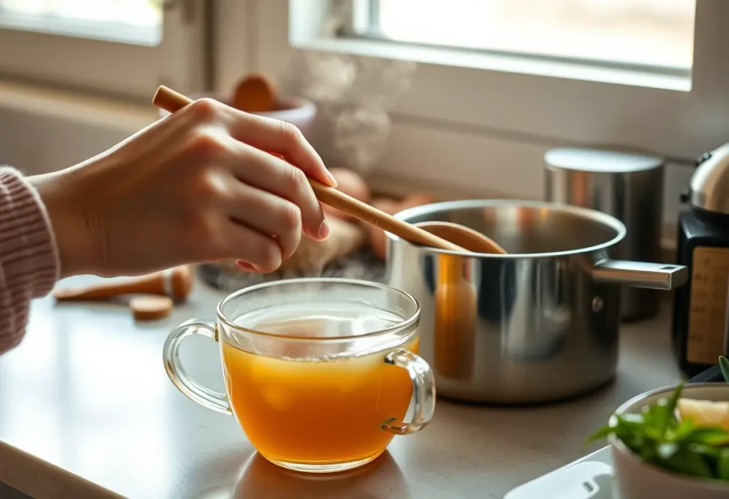 Main: Une main féminine remue délicatement une cuillère en bois dans une marmite de thé aromatique, éclairée par la lumière du soir.