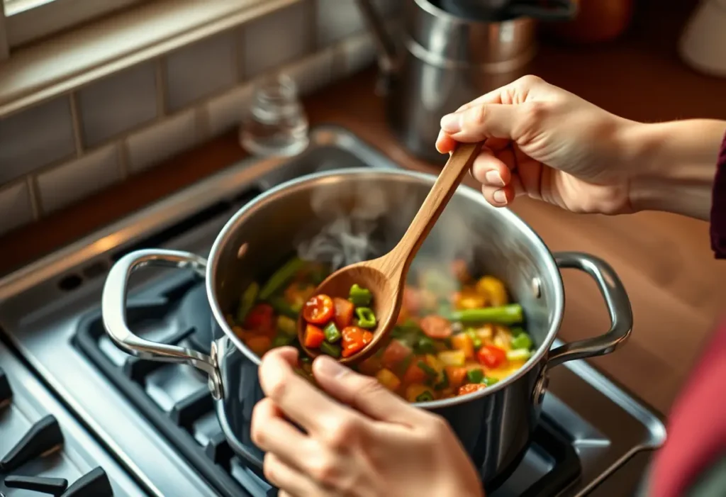 Une main féminine tient une cuillère en bois dans une cuisine