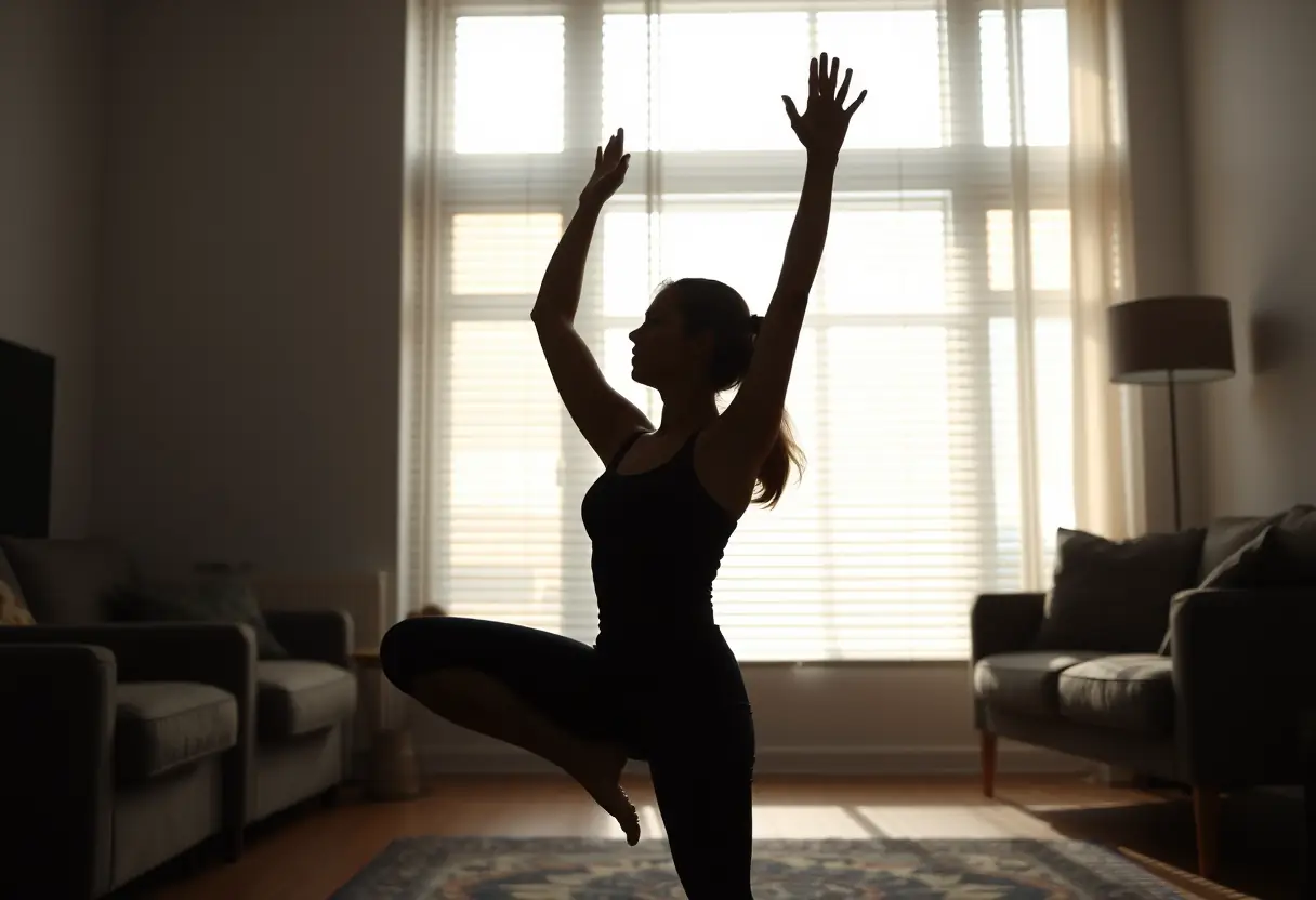 Silhouette d'une femme en train de faire du yoga dans son salon