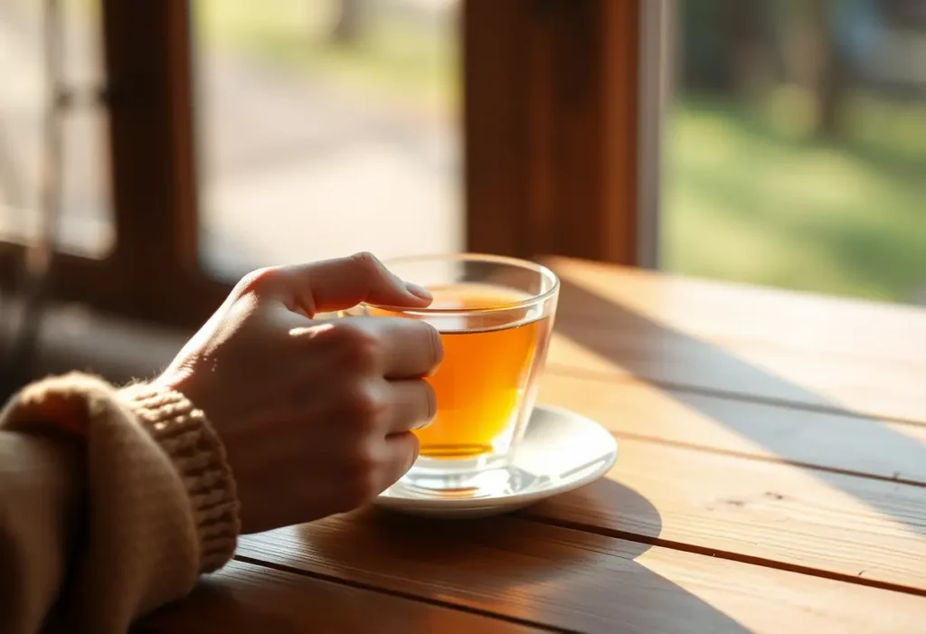 Une main féminine tient une tasse de thé aromatique sous la lumière chaude qui entre par la fenêtre