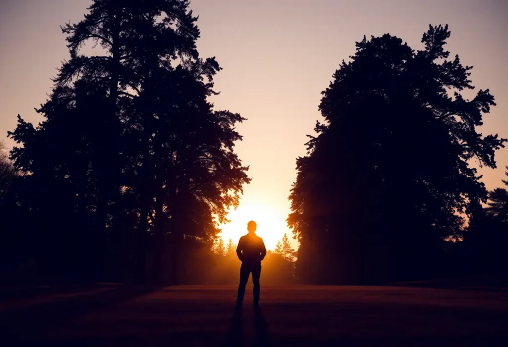 Un silhouetté se tenant dans un parc au crépuscule entouré d'arbres