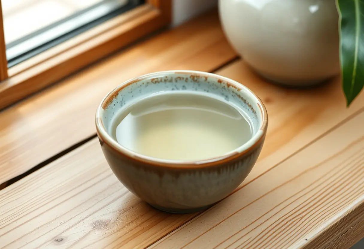 Bol en céramique remplissant d'eau sur une table en bois, représentant la tranquillité et la méditation