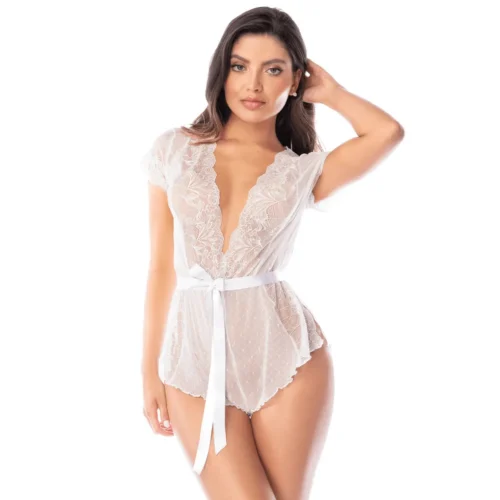 Combishort Dentelle Blanche Mapalé Décolleté Plongeant Ceinture Nouable Élégance Sensuelle Blanc
