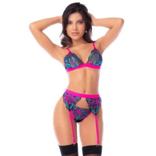Ensemble Lingerie 3 Pièces Mapalé Bleu Rose Brodé Sequins Éclat Sensuel Féminité