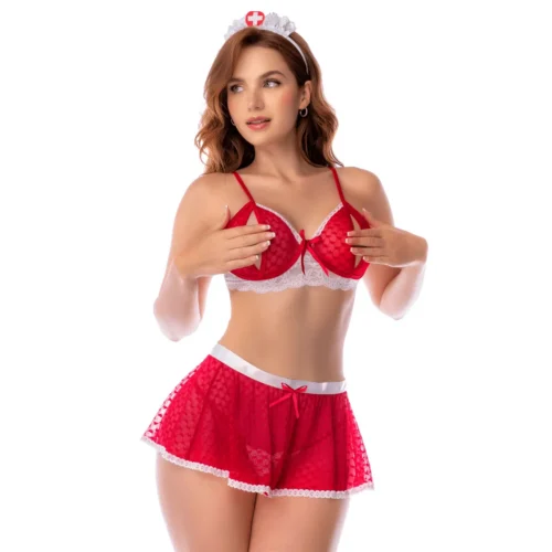 Ensemble lingerie infirmière rouge et blanc en dentelle, vue de face, soutien-gorge ouvert et jupe courte transparente.
