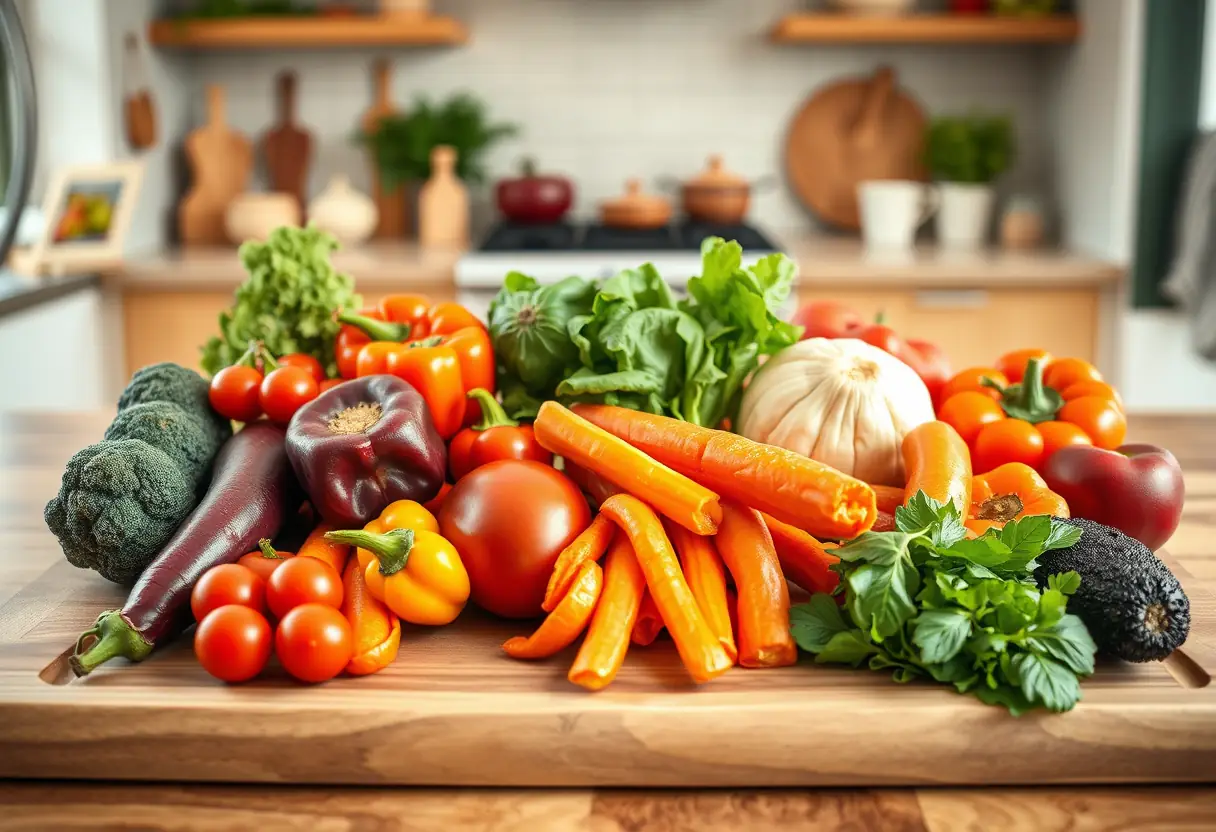 Un plan de travail en bois affiche une variété de légumes colorés dans une cuisine, illustrant une alimentation équilibrée riche en antioxydants