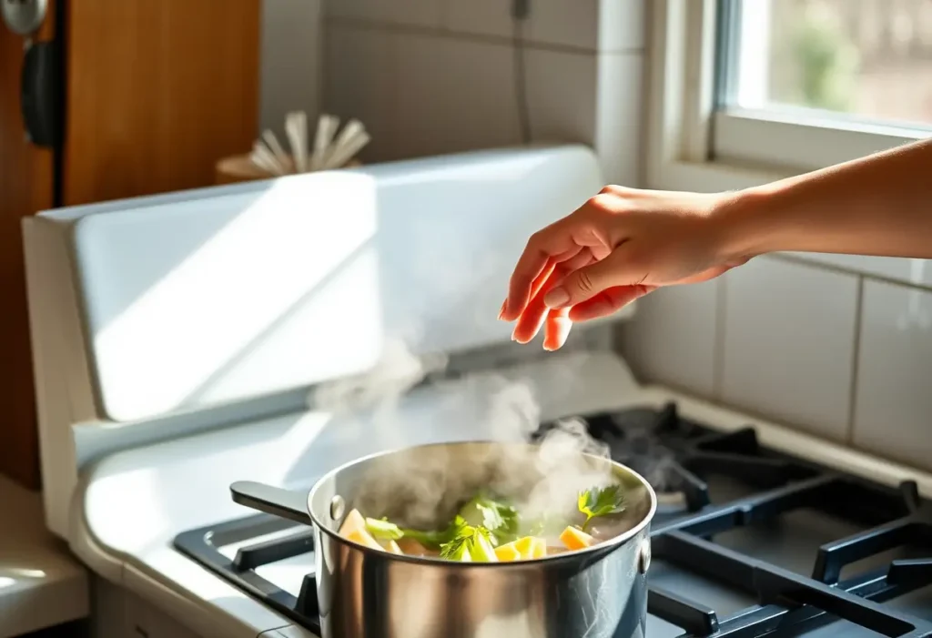 Une main féminine remue délicatement des légumes cuits dans une cuisine, en faveur du bien-être.