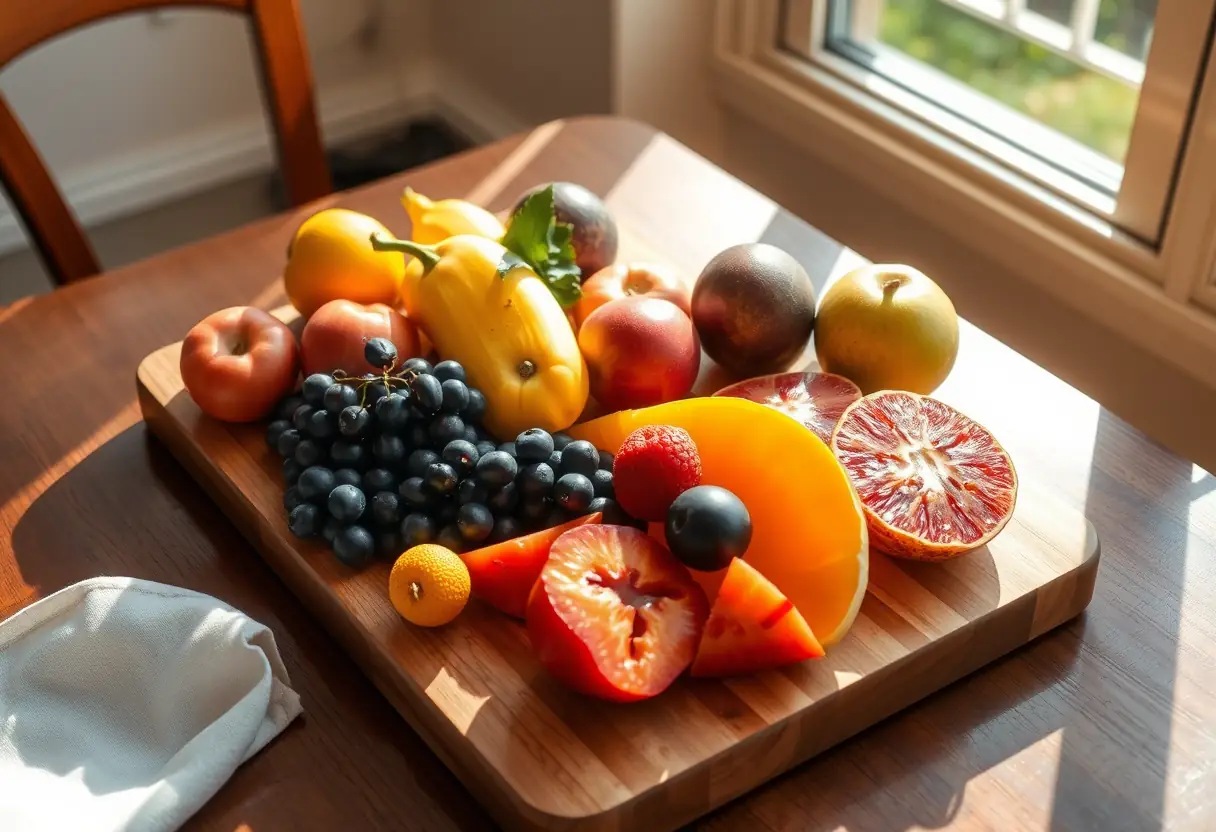 Un plan de travail en bois chargé de fruits colorés sur une table de salle à manger, favorisant la santé digestive.