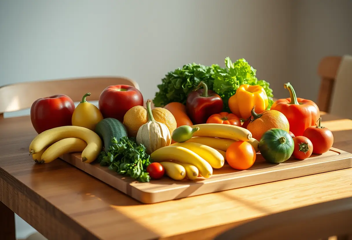 Un plan de travail en bois contient divers fruits et légumes frais, symbolisant l'importance des antioxydants dans l'alimentation anti-inflammatoire