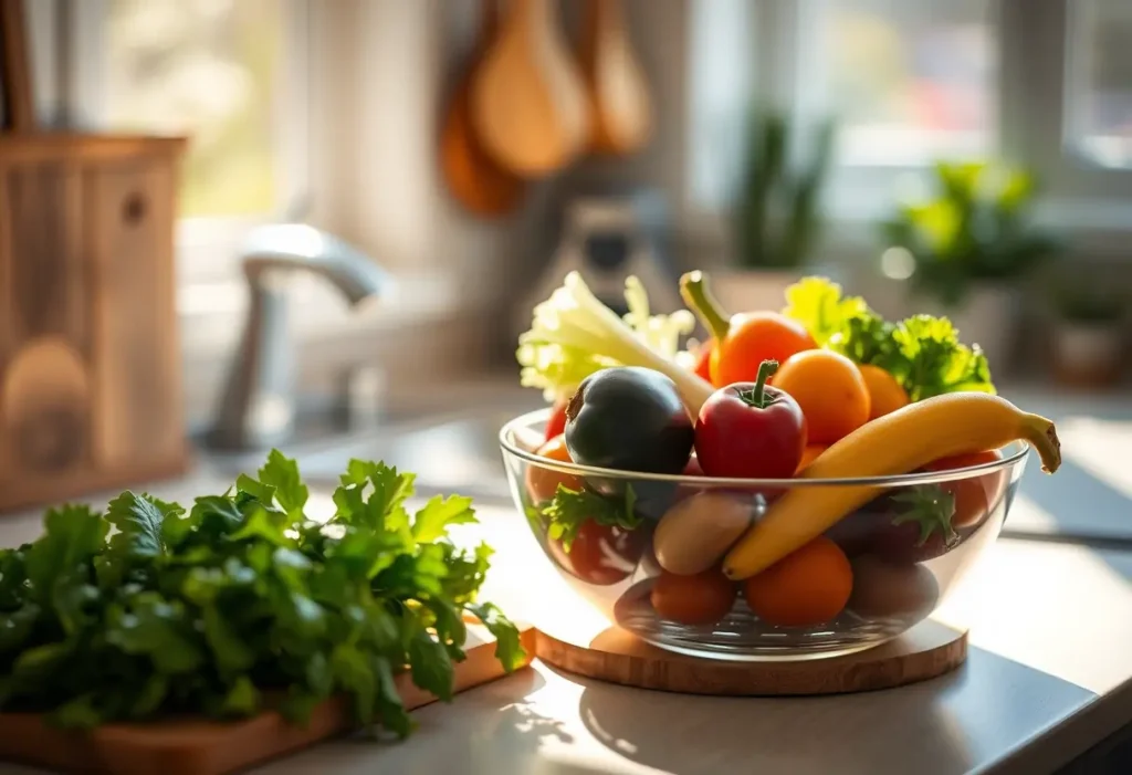 Assiette de légumes frais sur un plan de travail, éclairée par la lumière du matin
