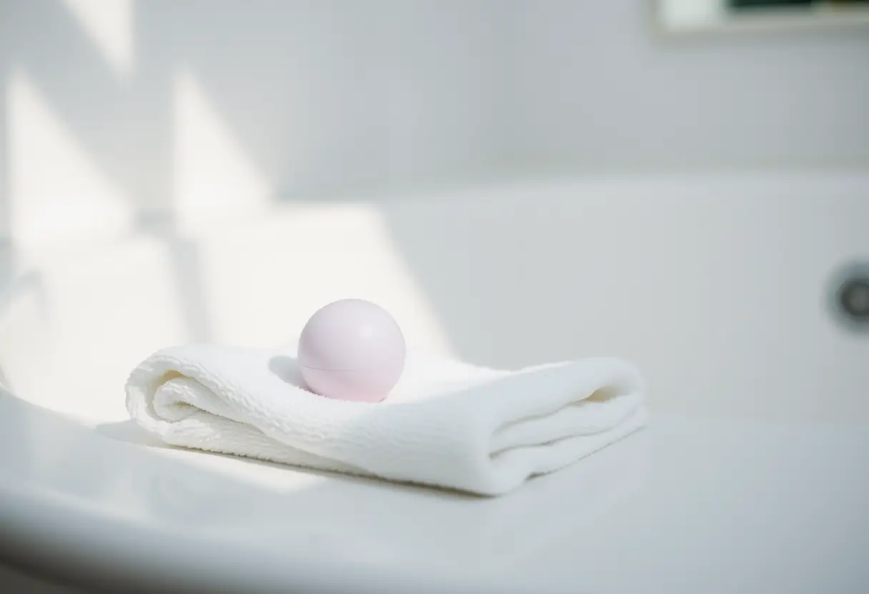 Salle de bains calme avec une petite balle en silicone sur un linge blanc, lumière naturelle, soin du périnée
