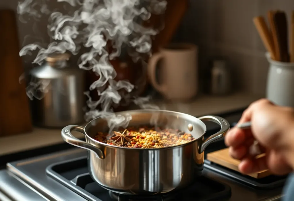 La main d'une femme mélange des épices dans une casserole, parfumées au gingembre et à la cannelle.