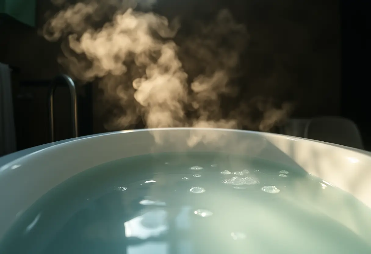 Un bain rempli d'eau chaude parfumée par des huiles essentielles, créant une atmosphère apaisante.