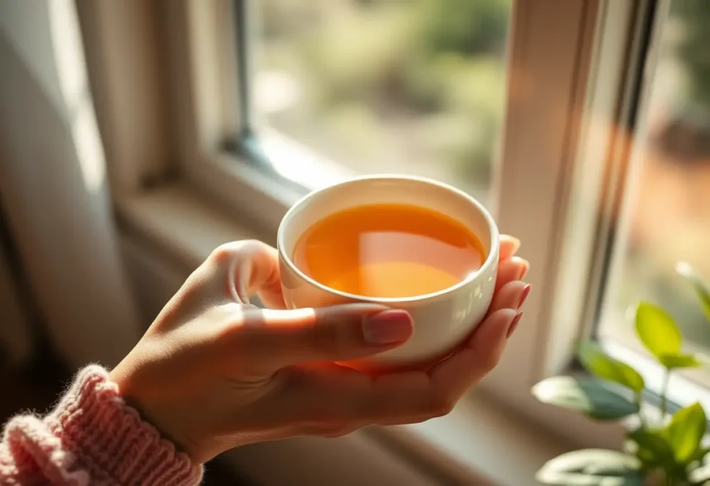 Une main féminine tenant une tasse de thé aromatique, symbolisant la sérénité et le bien-être