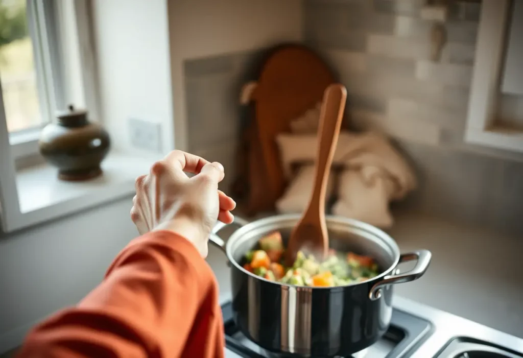 Main: Une main féminine tient une cuillère en bois au-dessus d'une casserole fumante, illustrant l'importance de l'alimentation pour stimuler le désir.