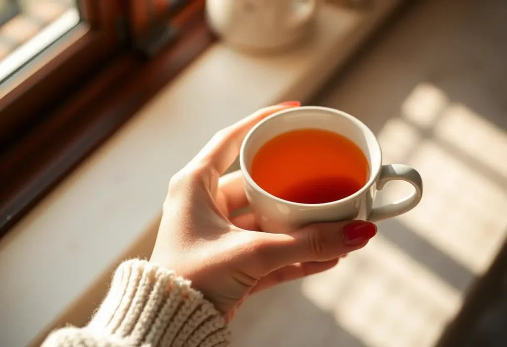 Une main féminine tenant une tasse de thé chaud, apportant chaleur et bien-être.