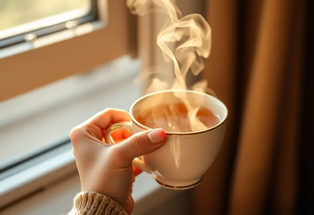 Une main féminine tient une tasse de thé chaud, évoquant sérénité et bienveillance