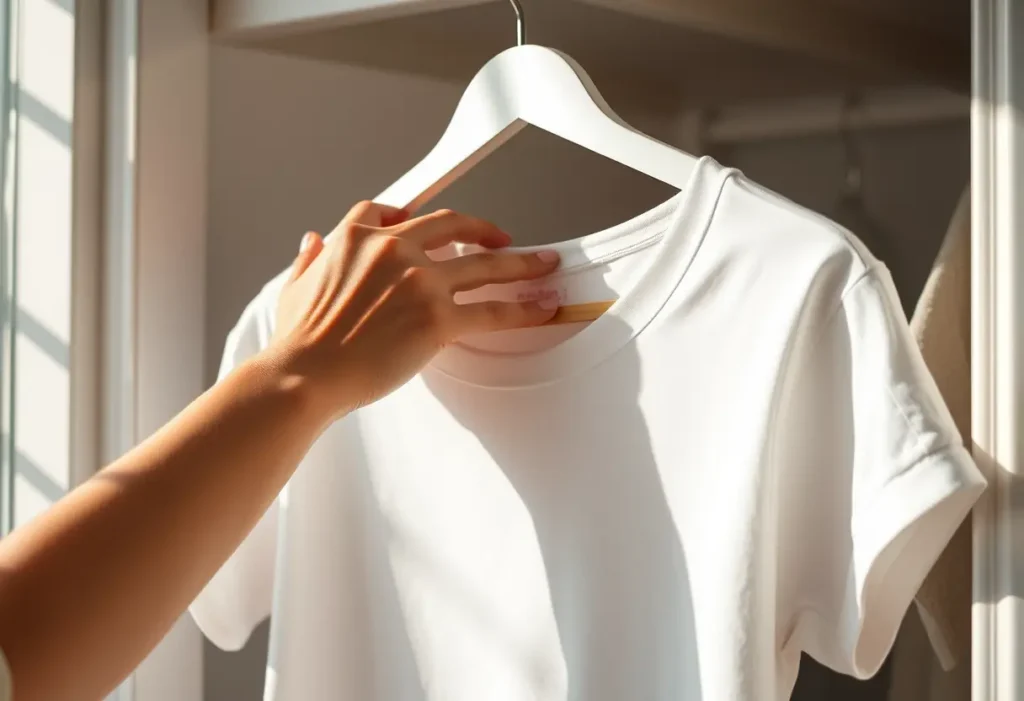 Une main féminine repasse délicatement un T-shirt en coton dans une penderie, lumière naturelle