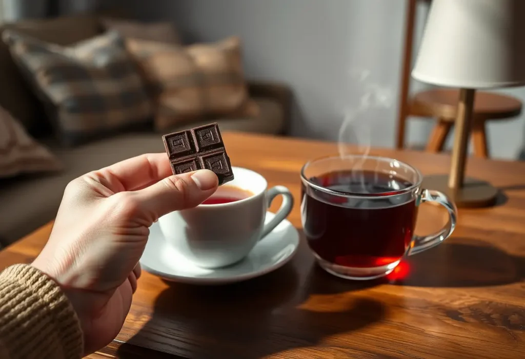 Main de femme tenant une tablette de chocolat noir près d'une tasse de thé, dans un intérieur accueillant