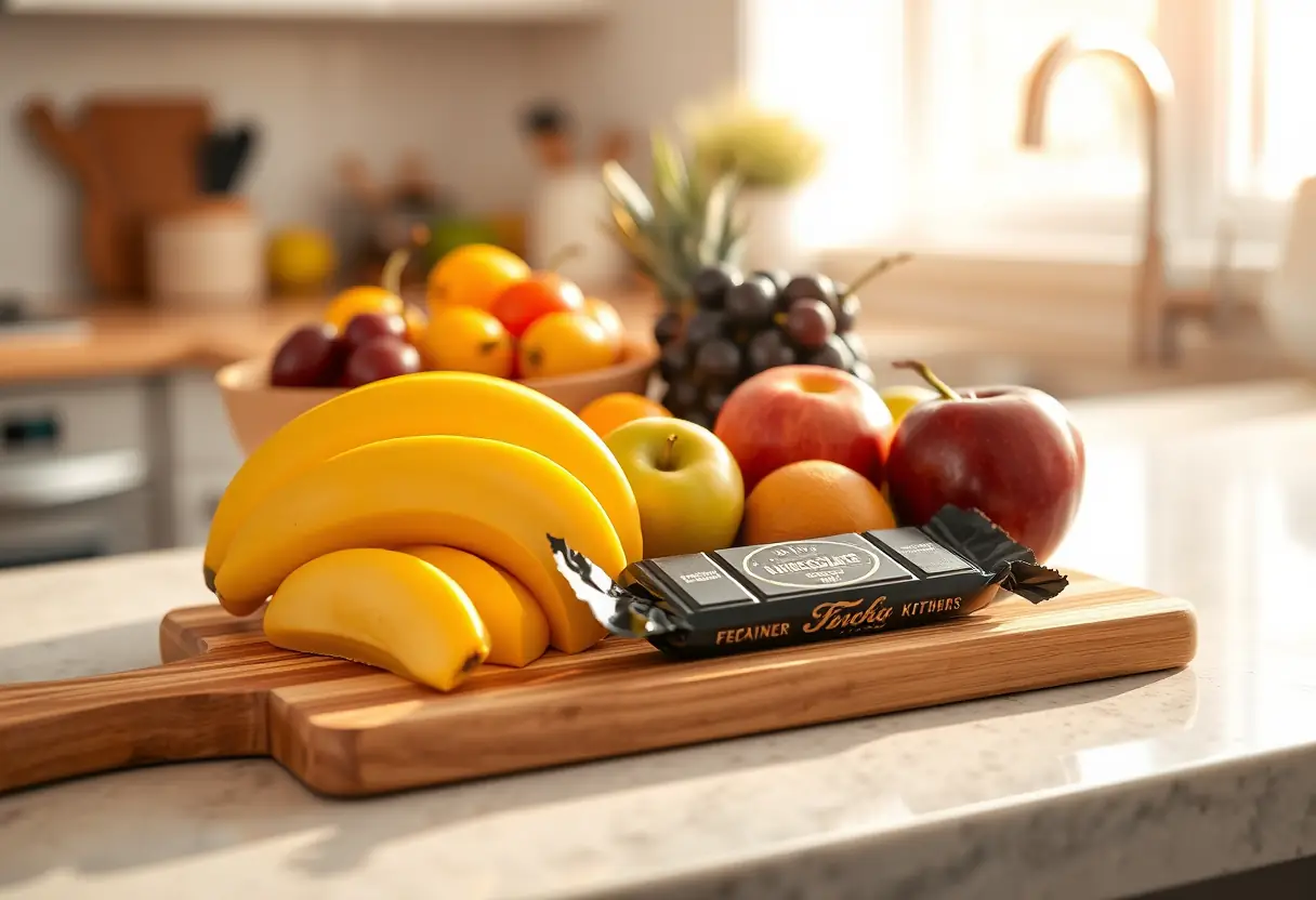 Planche à découper en bois avec fruits frais et tablette de chocolat noir, sur un plan de travail de cuisine