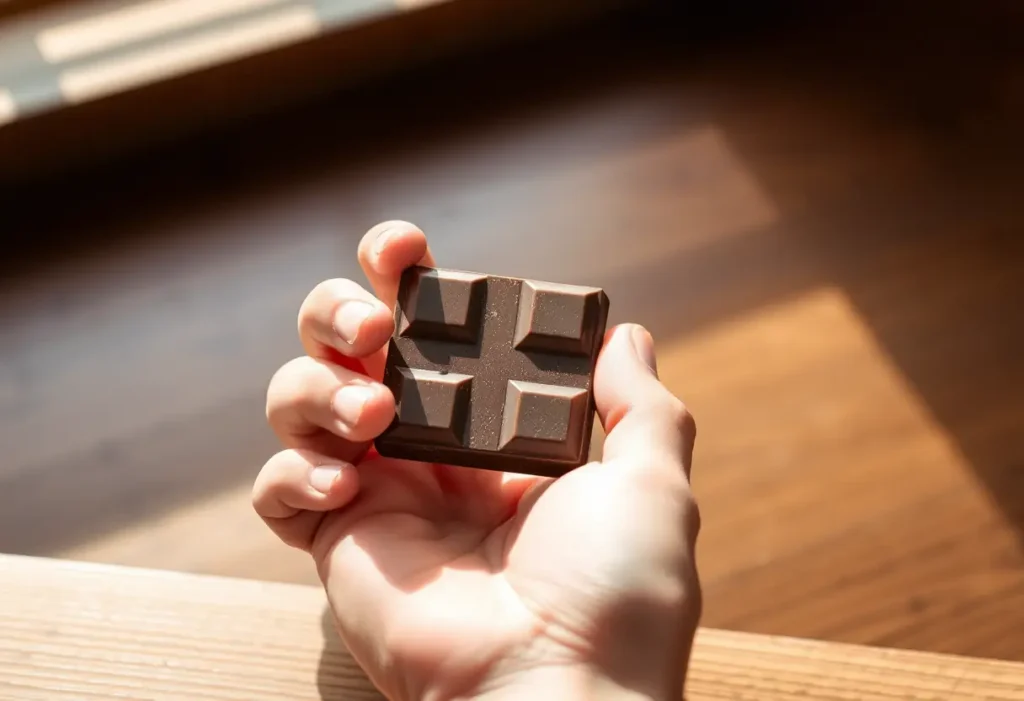 Une main tenant une tablette de chocolat noir sur une table en bois, éclairée naturellement.