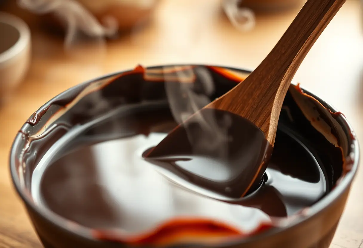 Vue rapprochée d'une cuillère en bois qui remue une casserole de chocolat fondu, éclairée par la lumière chaude de la cuisine.