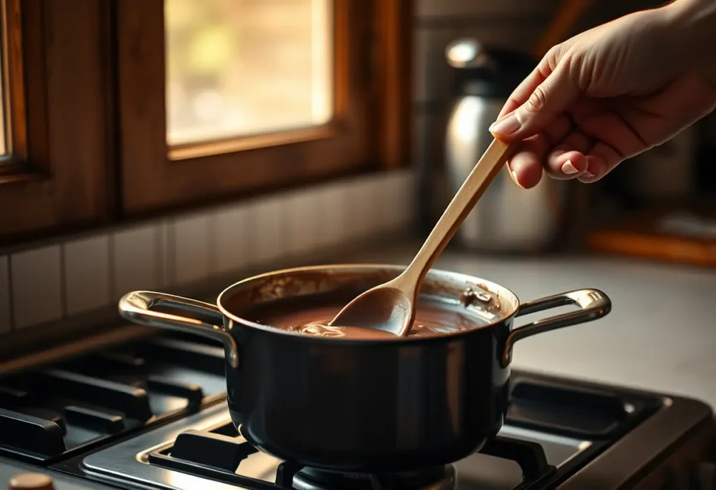 Une main tient une cuillère en bois en train de remuer du chocolat dans une casserole, éclairée par la lumière naturelle