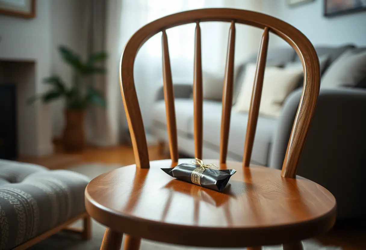 Un fauteuil en bois se trouve dans un salon accueillant, avec une tablette de chocolat enveloppée posée dessus