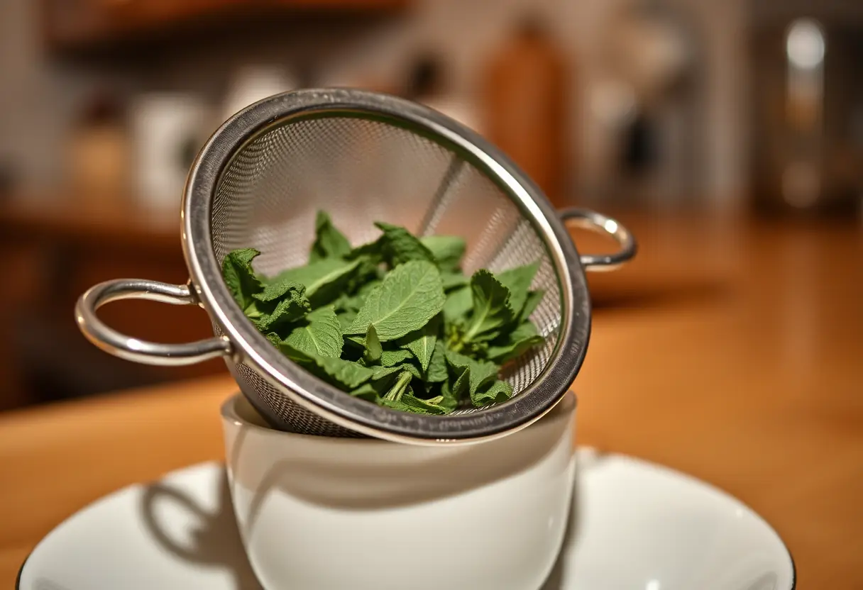 Un plan rapproché d'un filtre à thé rempli de feuilles de menthe sèches posées sur une soucoupe, dans une cuisine éclairée par une lumière chaleureuse, bien-être et vitalité.