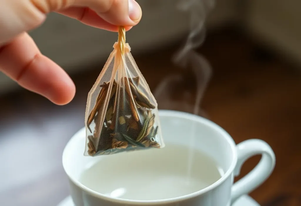 Une main tenant une petite boule de thé en feuilles sèches au-dessus d'une tasse en porcelaine blanche remplie d'eau chaude, la vapeur s'élevant doucement.