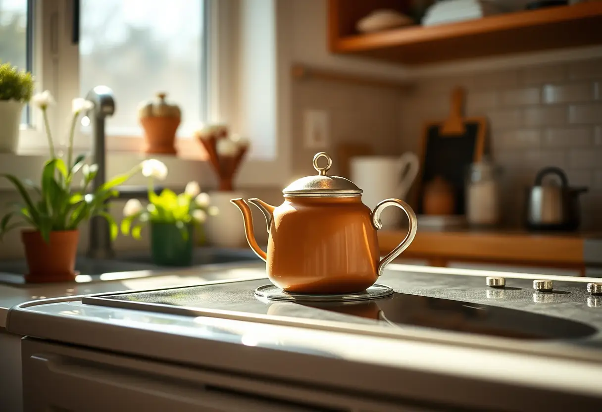 Dans une cuisine accueillante, une théière avec couvercle sur un gaz, entourée de la lumière du matin, illustrant les rituels de soin personnel.