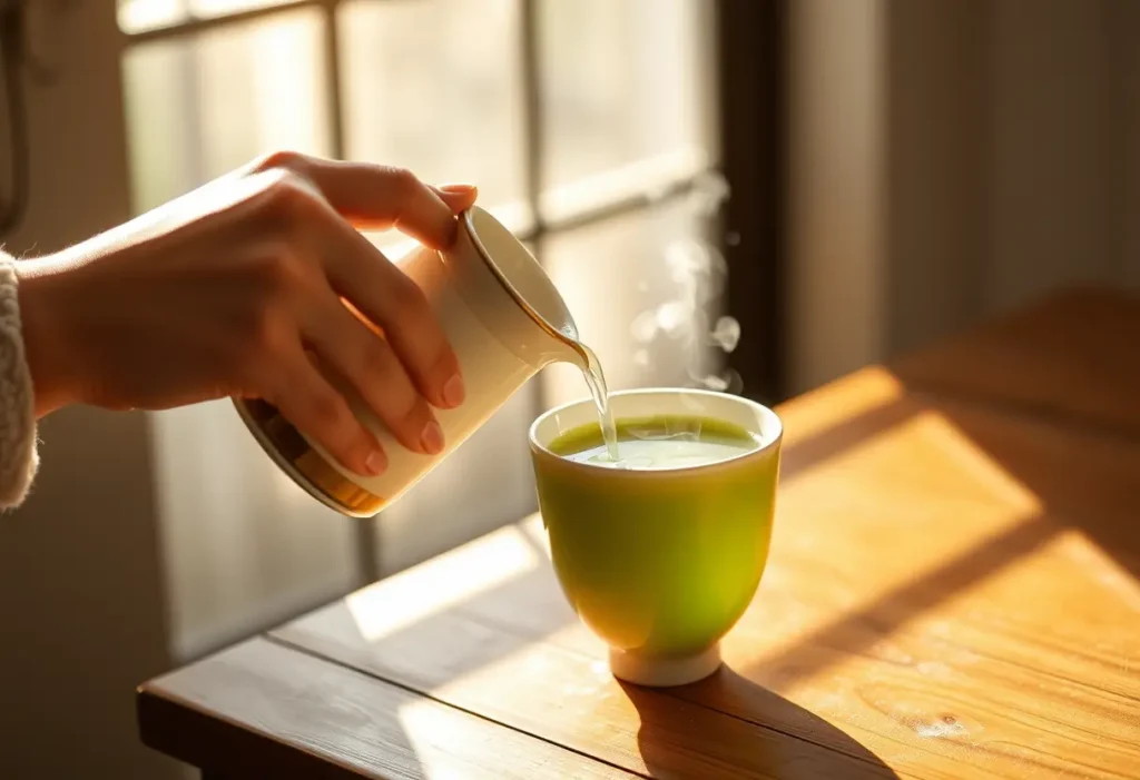 Une main verse du thé vert dans une tasse en porcelaine sur une table en bois, lumière naturelle
