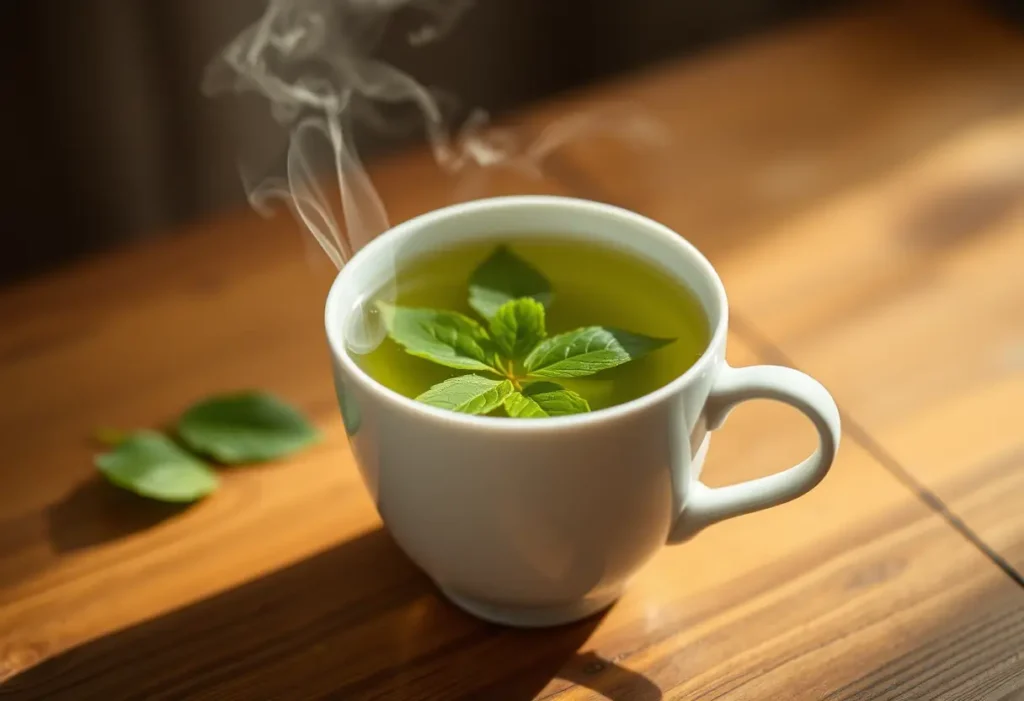 Une tasse de thé vert sur une table en bois, fumée qui s'élève délicatement, symbolisant chaleur et confort