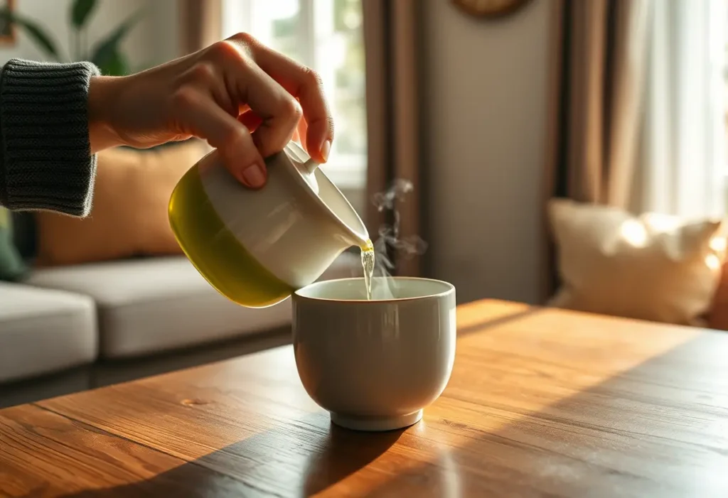 Une main verse du thé vert dans une tasse en porcelaine ronde sur une table en bois, éclairée par la lumière du jour, bien-être féminin