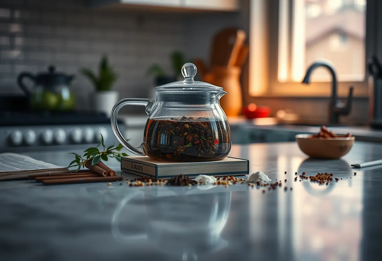 Un samovar rectangulaire posé sur un plan de travail de cuisine garni d'épices et d'herbes, éclairé par la lumière tamisée, bien-être féminin