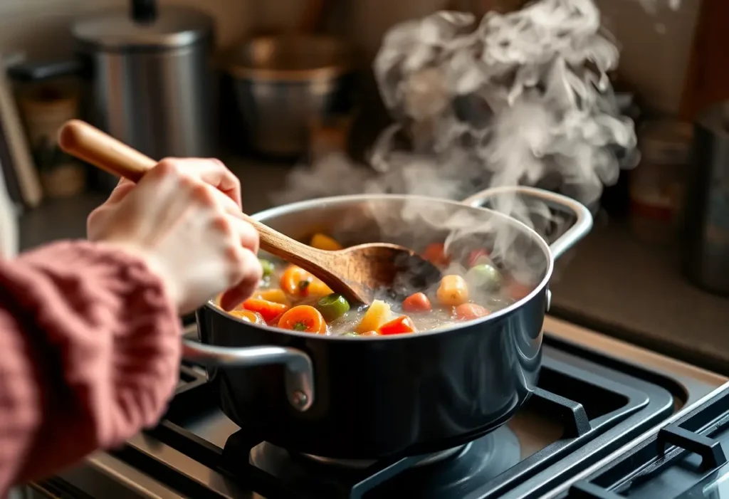 Main dans une casserole de légumes, cuisine chaleureuse, bien-être féminin