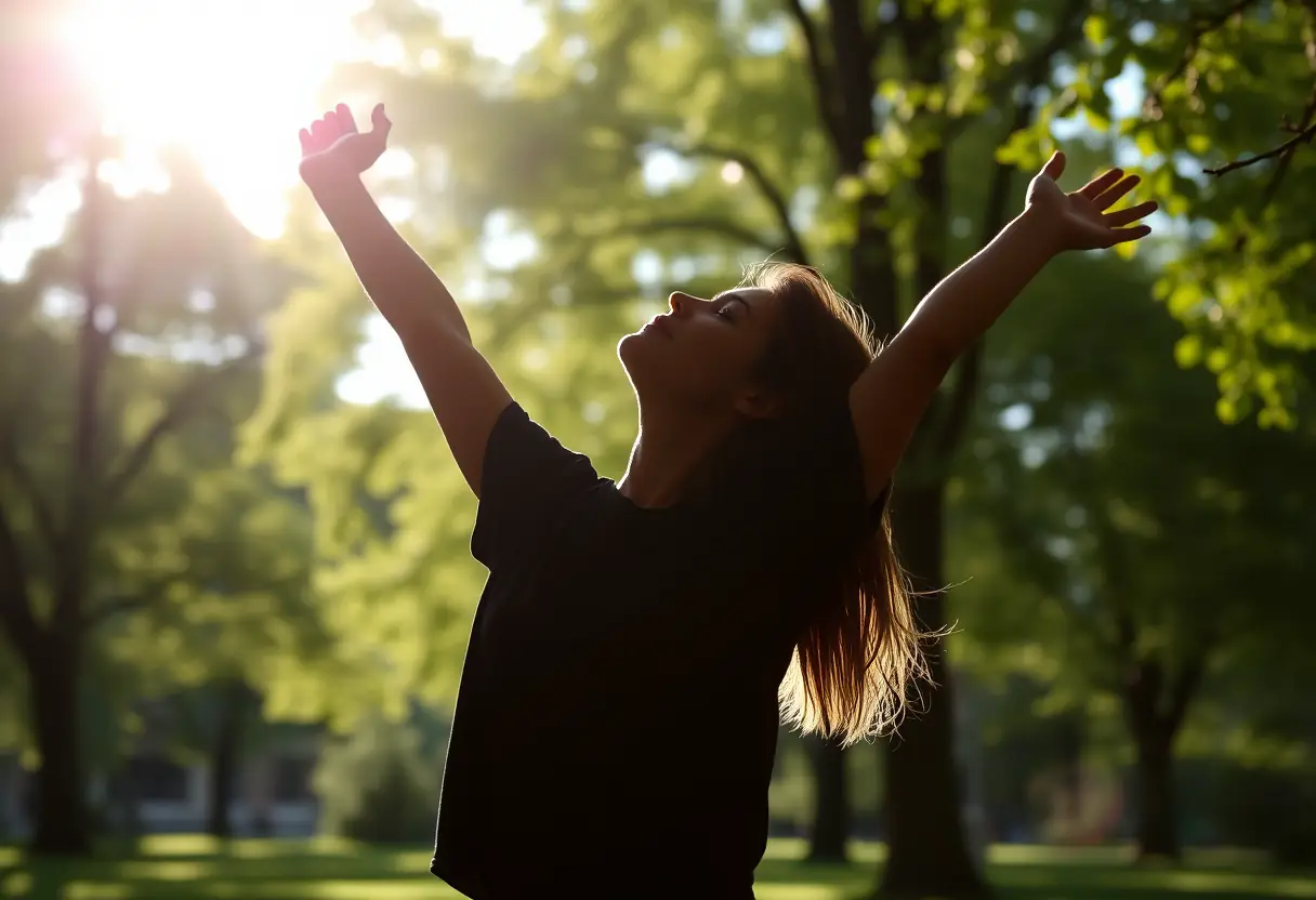 Silhouette d'une femme s'étirant dans un parc, lumière naturelle, bien-être et auto-acceptation