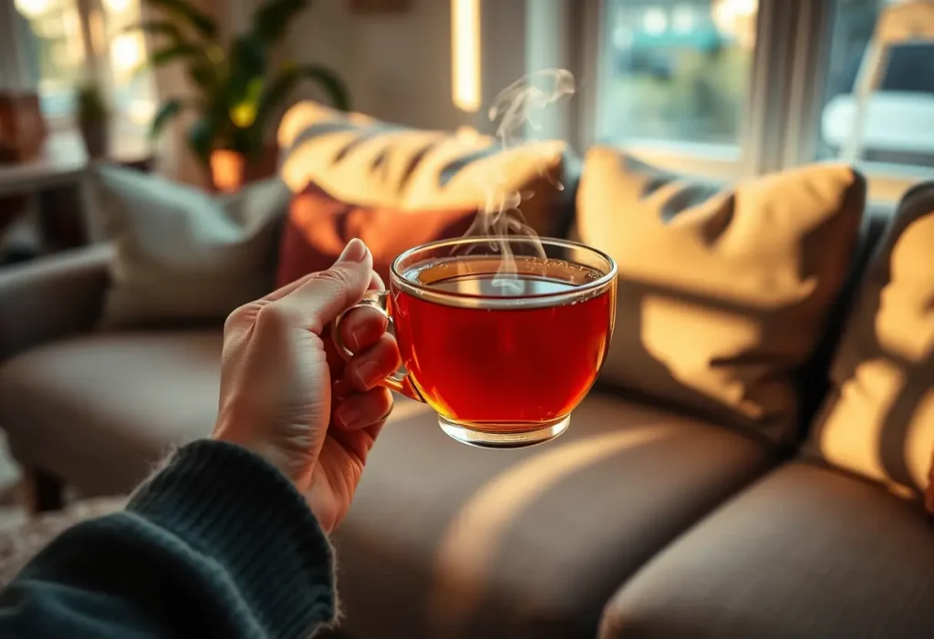 Une main tenant une tasse de thé chaud dans un salon accueillant, favorisant la détente et la bien-être.