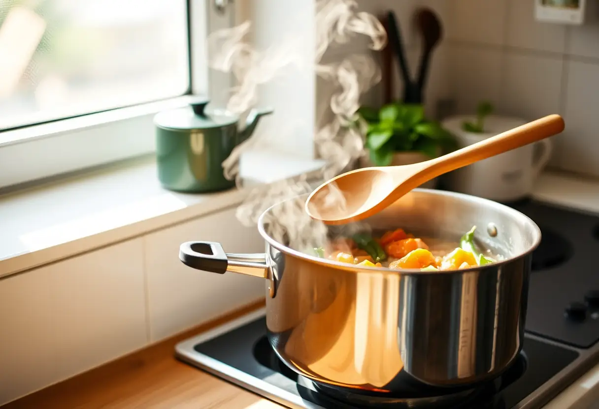 Une cuillère en bois qui remue une marmite de légumes mijotés dans la cuisine, favorisant une alimentation saine et revitalisante.