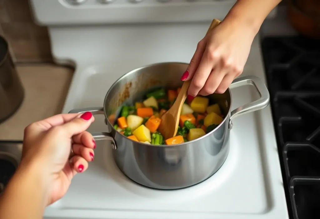 Une main féminine tient une cuillère en bois en remuant une casserole de légumes mijotant, symbole de soin et de bien-être.