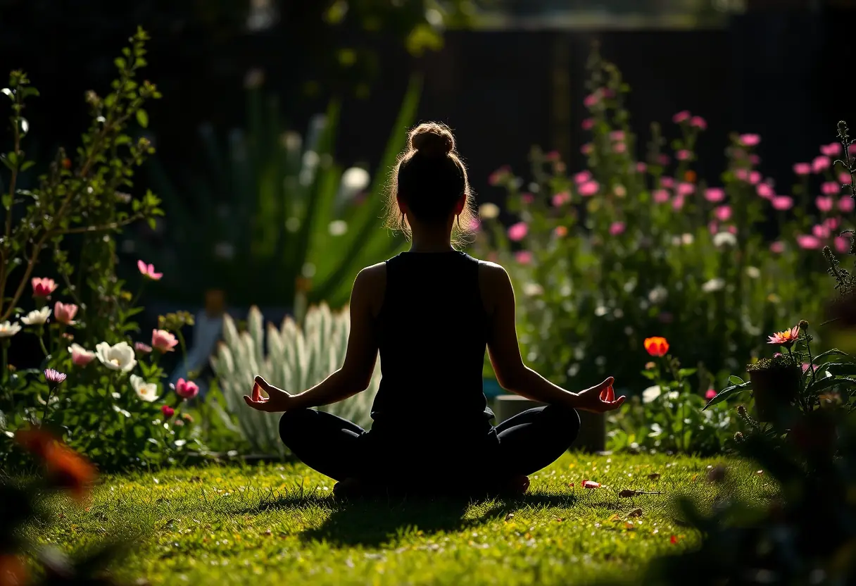 Un profil d'une femme méditant dans un jardin calme entourée de fleurs en fleur et de verdure, représentant la paix intérieure et la pleine conscience.